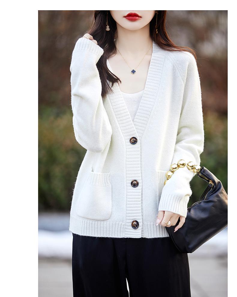 Women's 100% Wool V-Neck Cardigan with Pockets - Loose, Versatile Solid Color Sweater for Autumn & Winter.