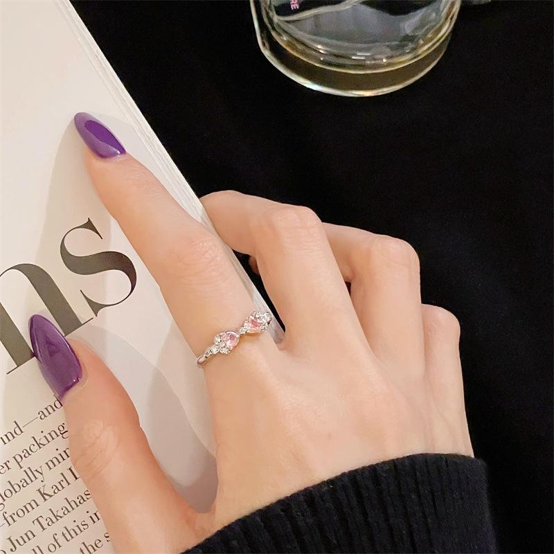 Pink Girl Love Bow Open Ring Niche Light Luxury High Sense Inlaid Zircon Simple Colored Jewelry Women