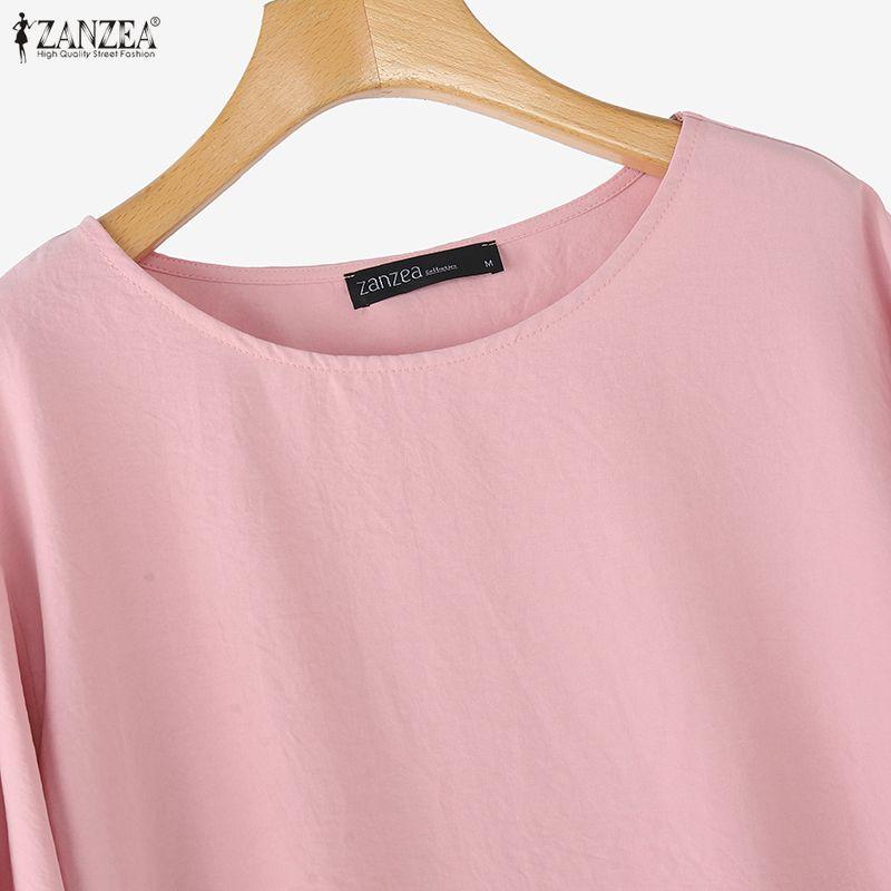 ZANZEA Blusa informal de mujer con cuello redondo, color liso, manga 3/4