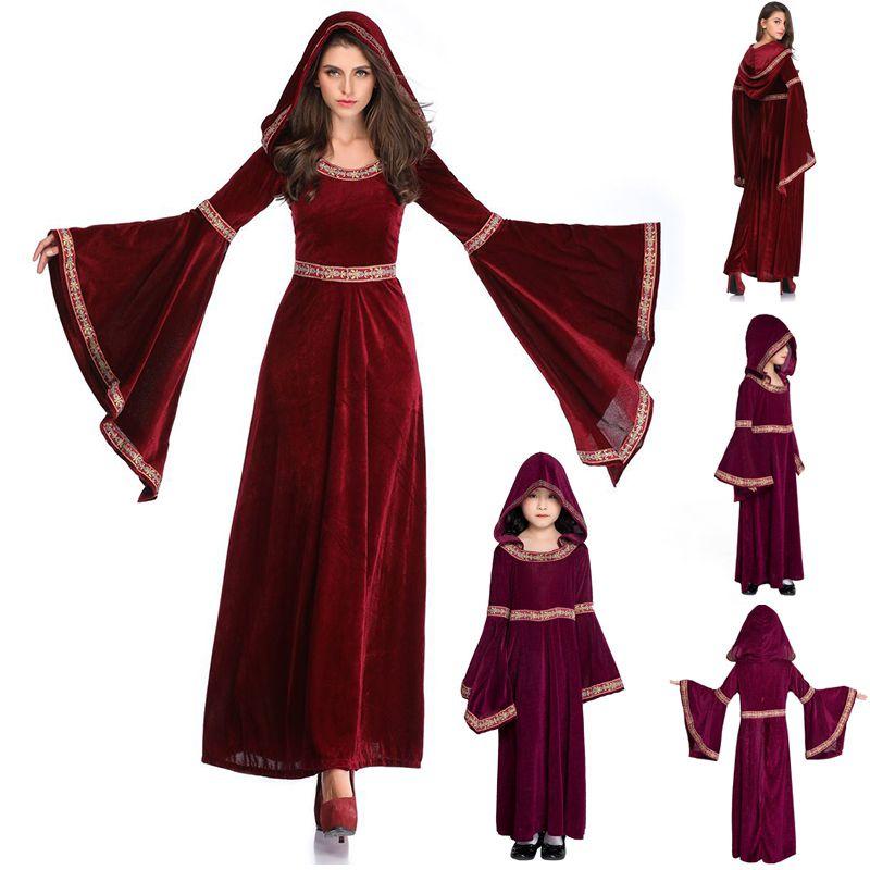Medieval Vampire Witch Hooded Wine Red Dress Cosplay Halloween Costume Carnival