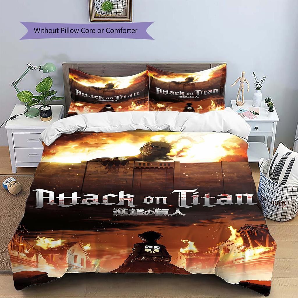 Attack on Titan Pattern Bedding,Quilt Set Quilt Cover Pillowcase Home Birthday Gift (1 * duvet cover + 2 * pillowcase, without core)