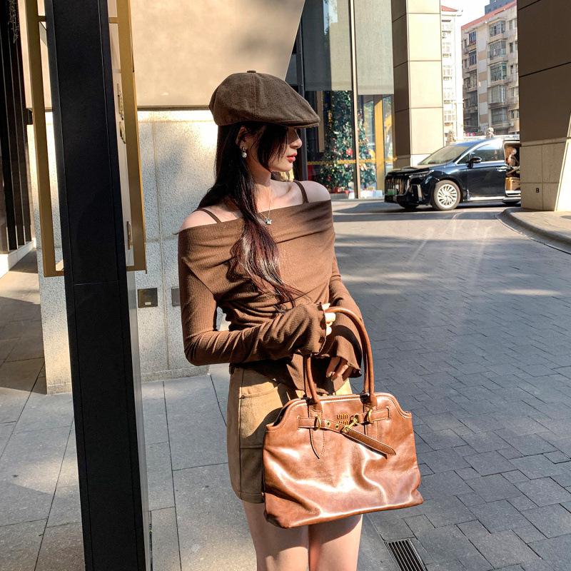 

2026 Trendy Women s One-Shoulder Spaghetti Strap Layered Long Sleeve Top Extra Large кофейный