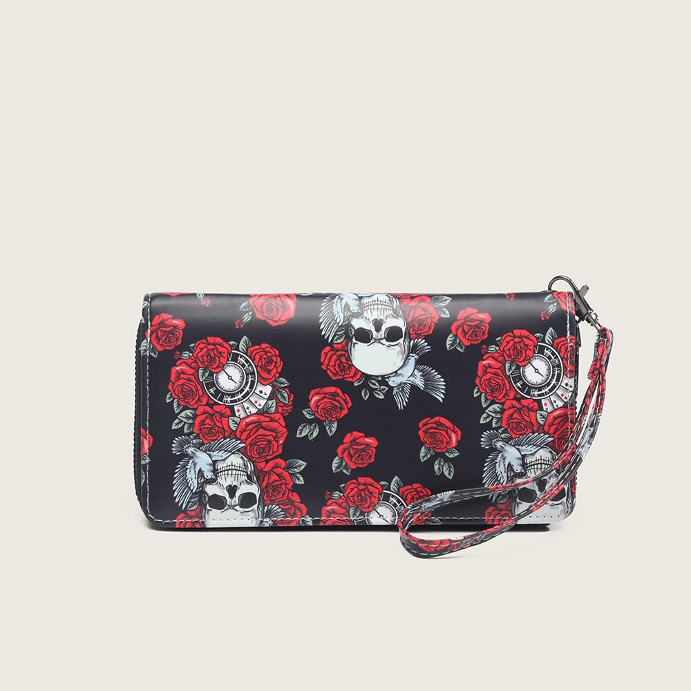 

Идея подарка на Хэллоуин - длинный кошелек с принтом черепа и розы, с ремешком на запястье, в стиле панк, различных цветов, включая черный и красный. красный