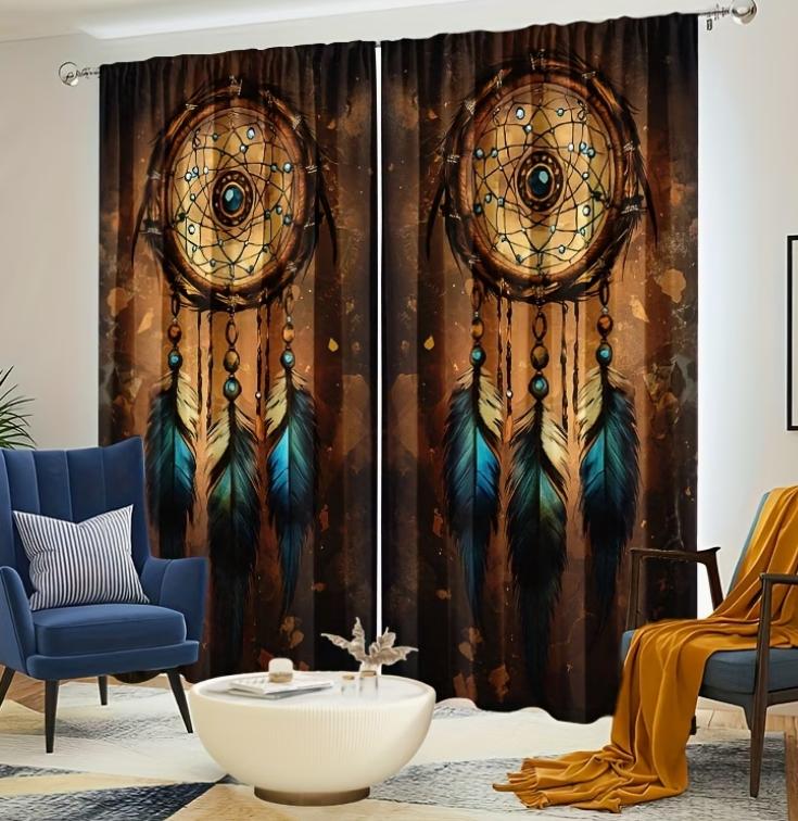 2pcs Curtains Featuring Dreamcatchers with Native American Elements for Home or Office Decor