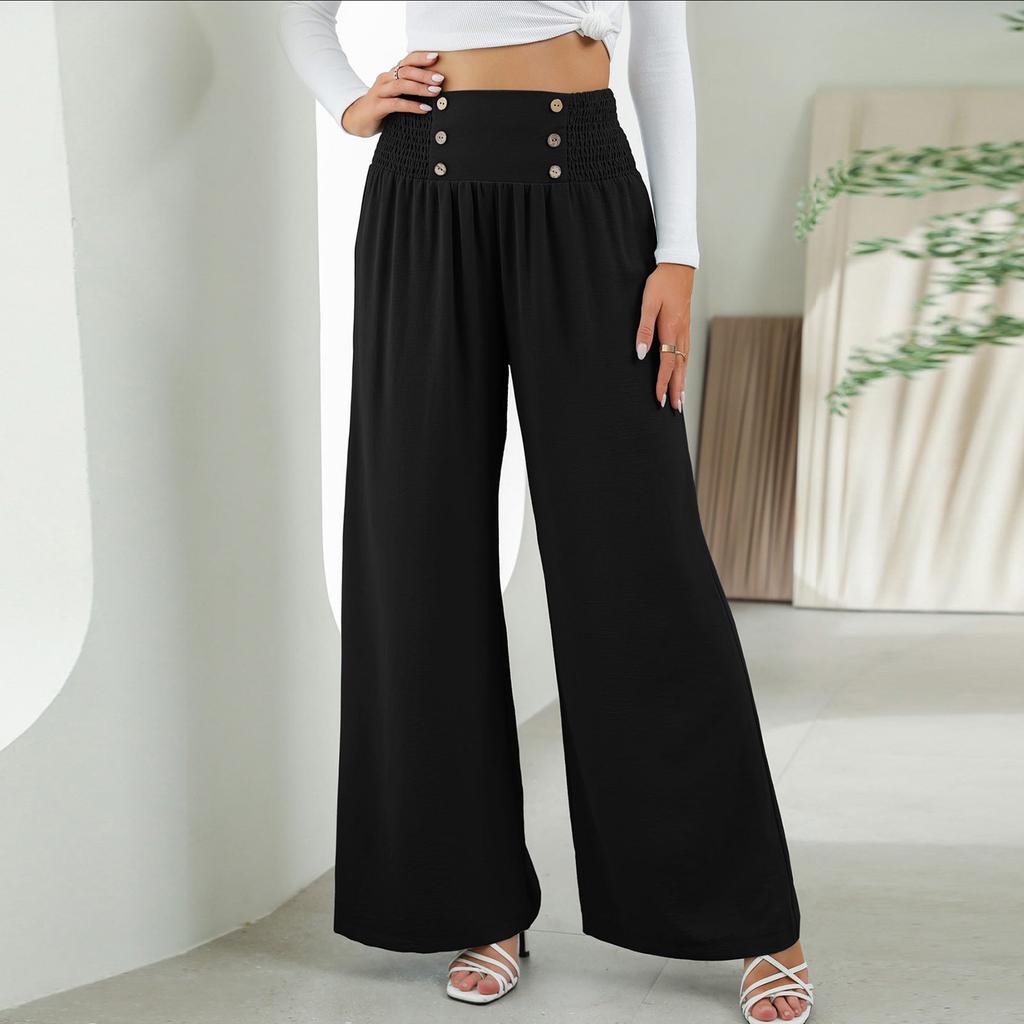 Ladies Color Fashion Elastic Waist High Waist Wide Leg Pants Casual Pants