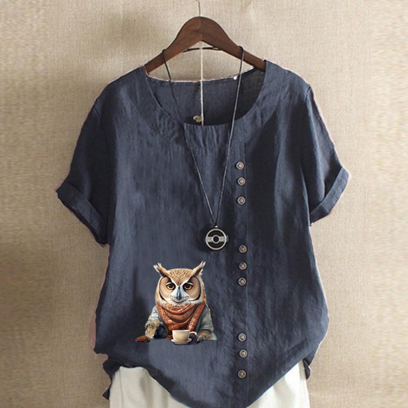 Women's Fashion Owl Prined Short Sleeve T-shirt Loose Cotton Shirt Casual Loose Summer Blouse Plus Size Tops