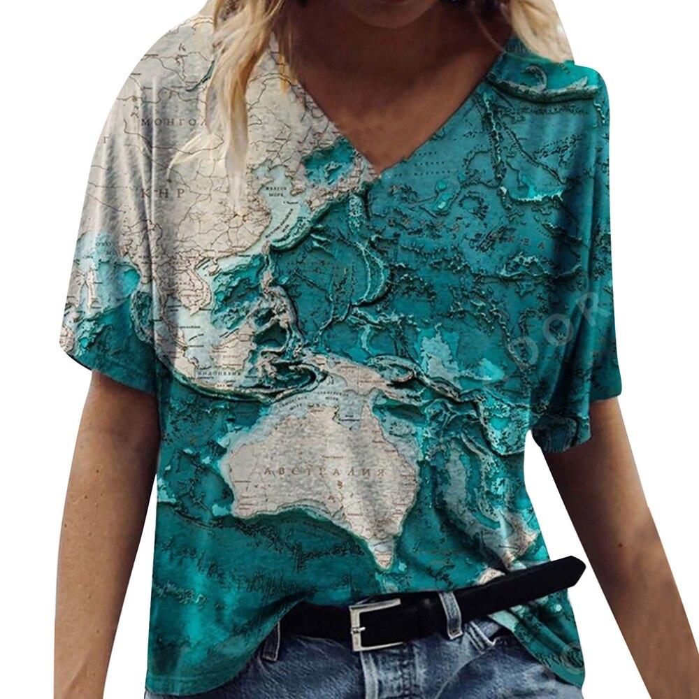 Fashion Spring  Map Print Blouses Short Sleeved V-Neck T Shirts Casual