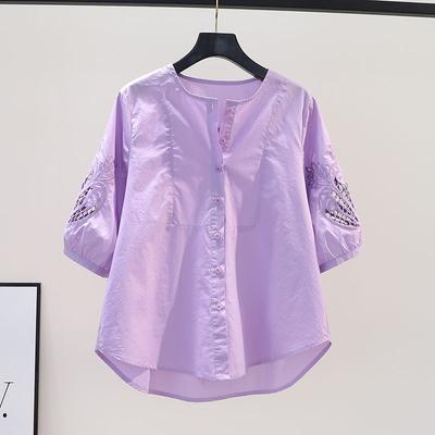 Lila hohle Stickerei Baumwolle Shirt Damen Sommer Design Rundhals lose Shirt Top
