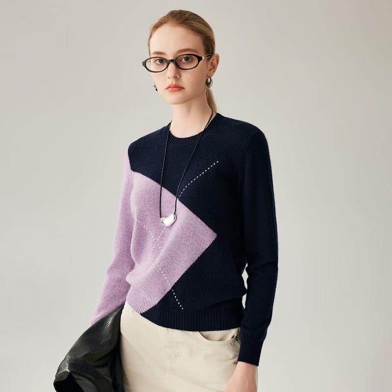 Zhaojun Women's 100% Cashmere Round Neck Color Block Knit Sweater