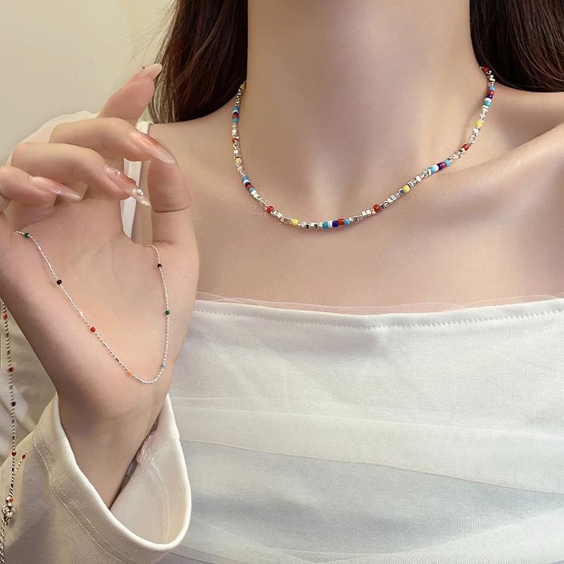 Dopamine Color Beaded Triangle Crushed Silver Necklace Women'S Light Luxury Niche Clavicle Chain Neck Chain Accessories