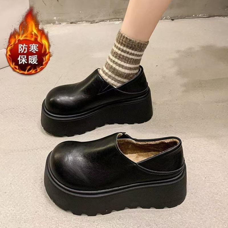 Autumn and Winter Thick-soled Height Increase Women's New Velvet To Keep Warm, One Pedal and Two Wear Loafer Cotton Shoes