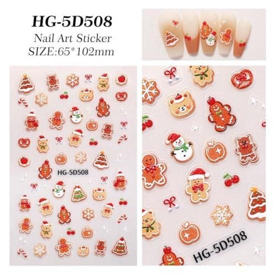 Christmas Nail Stickers 3D Design White Set 6 Elderly Elk Bear Bow Tie Gift Flower Decoration Compatible Gel Nails