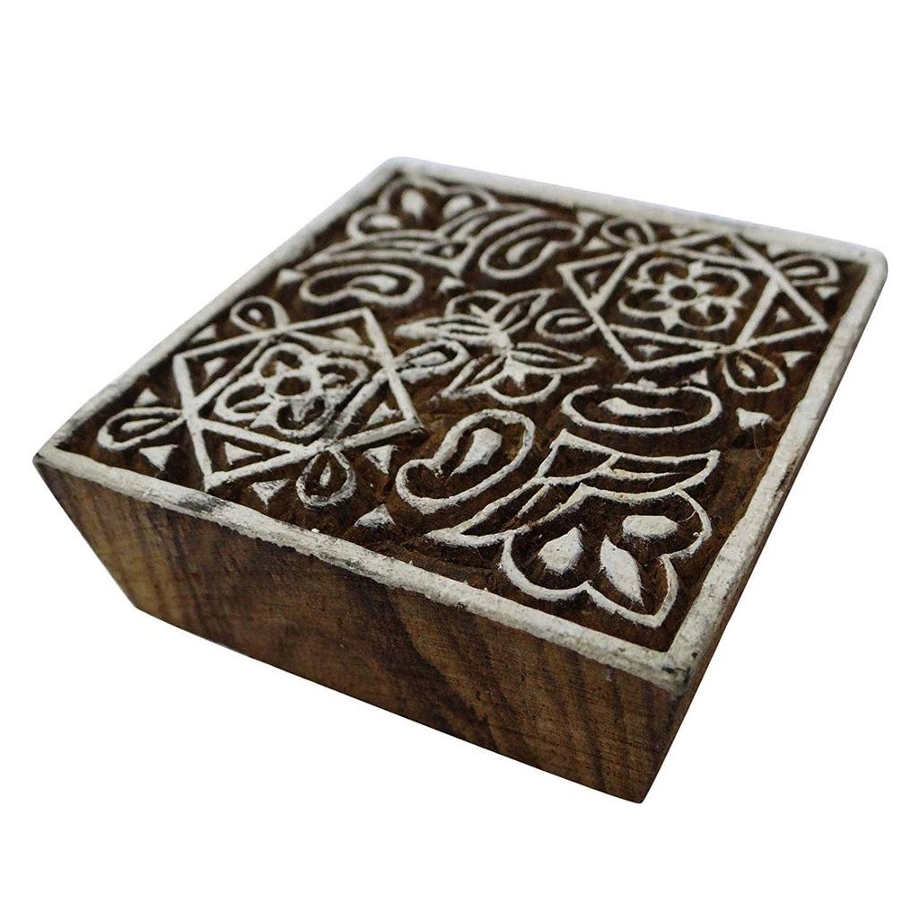 Square Block Handmade Textile Printing On Fabric Wood Craft Floral Design