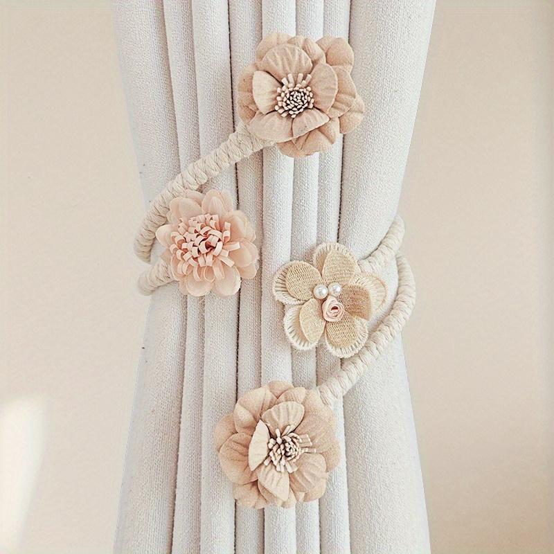 2pcs Elegant 3D Floral Curtain Tieback - Pink Polyester Flower Design with Pearl Accents, Rope-Like Texture for Bedroom & Living Room Home Decor