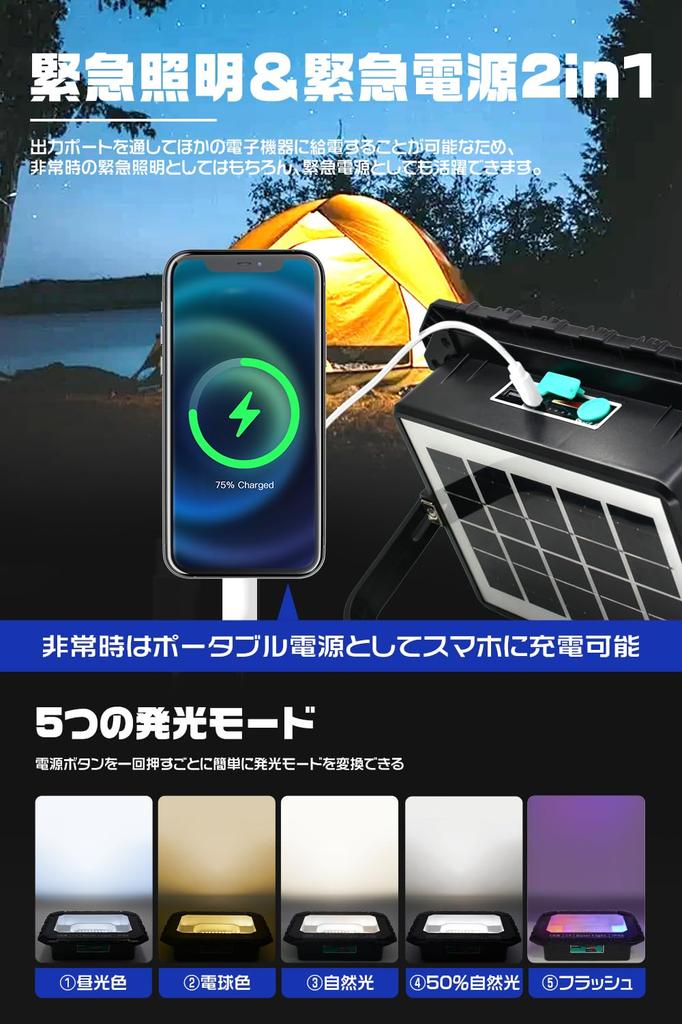 HIKARI Rechargeable LED 201 Solar USB Magnet Work High 5 IP66 Tempered Emergency Light for and Disaster with Retractable 1 Unit Floodlight, 200W,