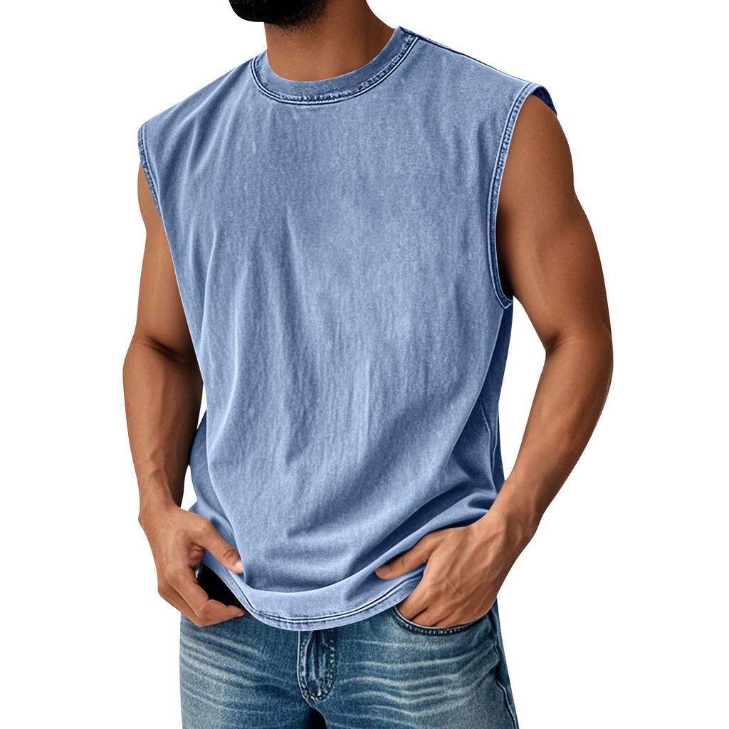 Men’s Crew Neck Sleeveless Vintage Style Top Relaxed Fit Casual Comfort Tank Distressed Look Soft Fabric Durable Stitching