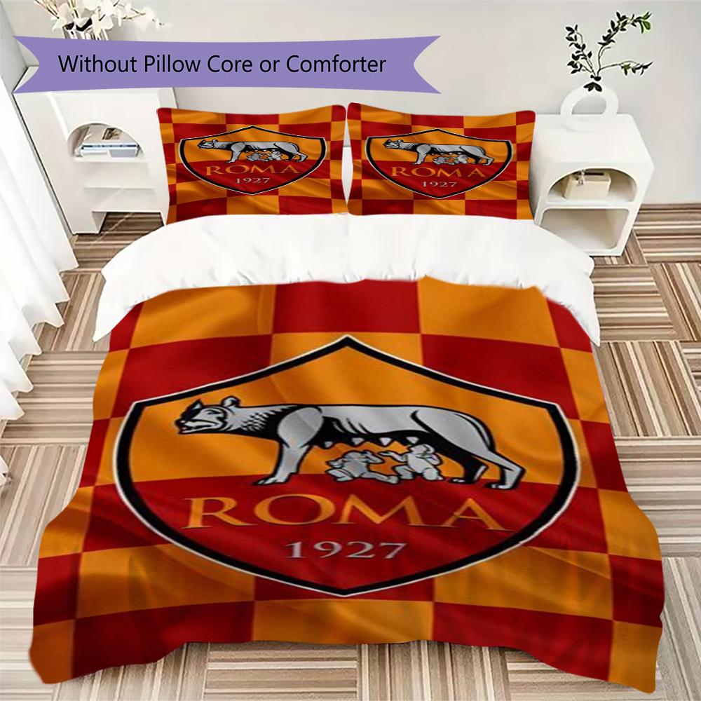Set lenjerie de pat cu model A.S. Roma Cearșaf pilotă Huse pernă Decorațiune casă Cadou de ziua de naștere (1 * husă de pilotă + 2 * fețe de pernă fără miez)01