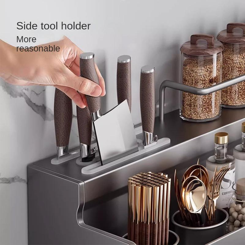 Multifunctional Seasoning Rack Knife Holder W Hook Kitchen Chopsticks Storage Household Hanging Wall-mounted Shelf  No Punching