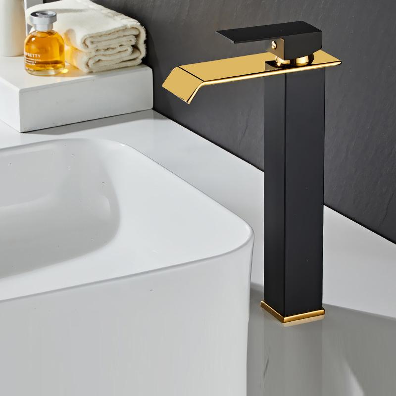 Waterfall Basin Faucet Gold and Black Sink Waterfall Mixers Bathroom Faucet Deck Mounted Washbasin Taps