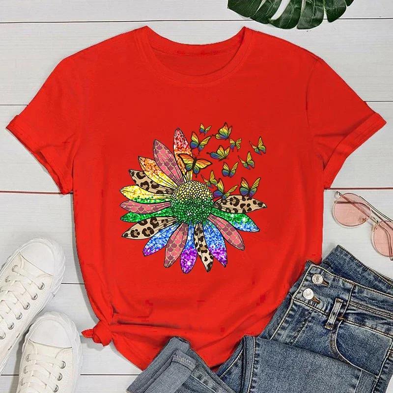 (Premium T-shirt)Funny Lgbt Sunflower Butterfly Print T-Shirts For Women Summer Round Neck Tee Shirt Femme Fashion Casual Top