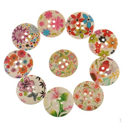 10 Pieces Multicolor Flower Floral Wooden Round Buttons 4-holes for DIY Sewing Crafts Decoration