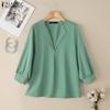 ZANZEA Women Casual V-Neck 3/4 Sleeve Loose Plain Blouse