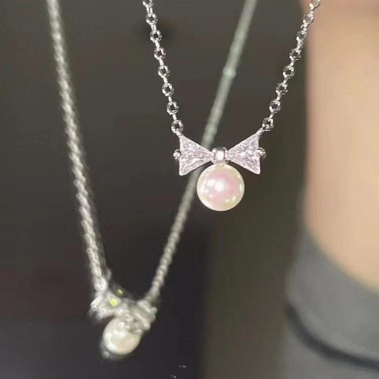 Exquisite Pearl Zircon Imitation Pearl Bow Drop Necklaces Elegant Korean Popular Women s Jewelry