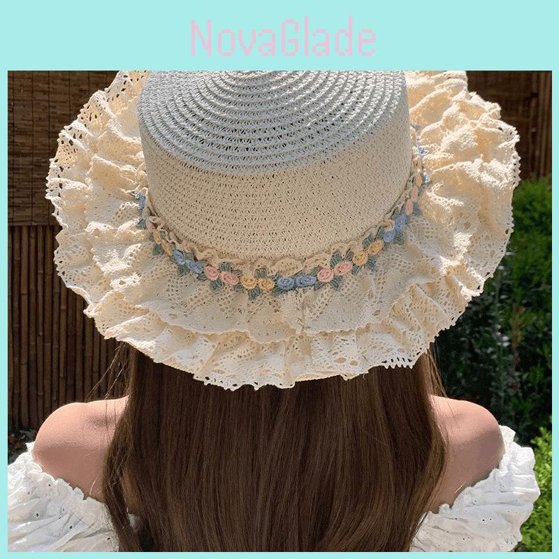 French Lolita Lace Flower Sun Hat With Wide Brim For Summer Beach Outdoor Wear