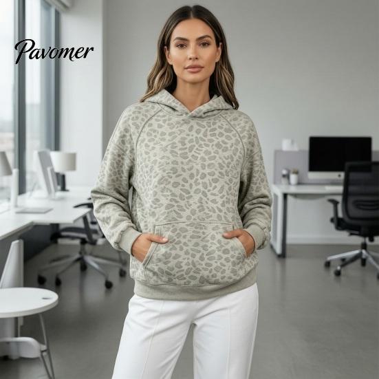 Sweatshirt with Front Pocket Women Leopard Print Hoodie, Oversized Drop Shoulder Hooded Pocket, Hoodie Long Sleeve Loose Casual Pullover Top