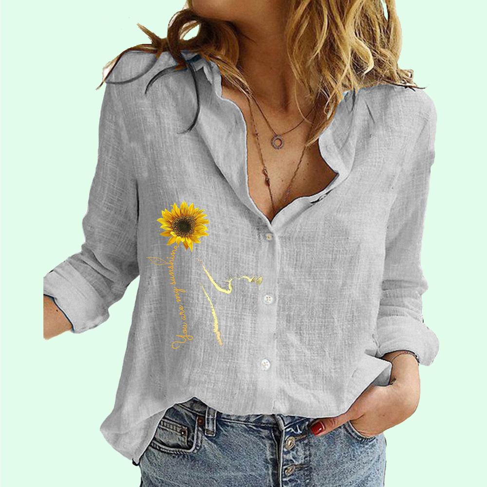 Women Fashion Lapel Neck Long Sleeve T-shirt Summer&fall Casual Printed Cotton Linen Top Female Loose Buttoned Blouses