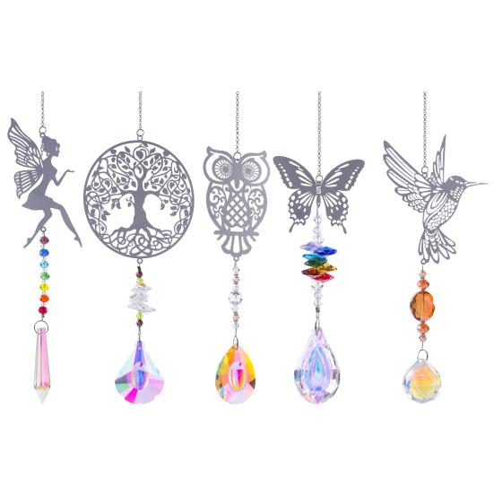 Faux Crystal Sun Catcher Decoration Hollow Fairy Tree of Life Owl Butterfly Hummingbird Hanging Ornament Home Office Garden Window Hanging Pendant