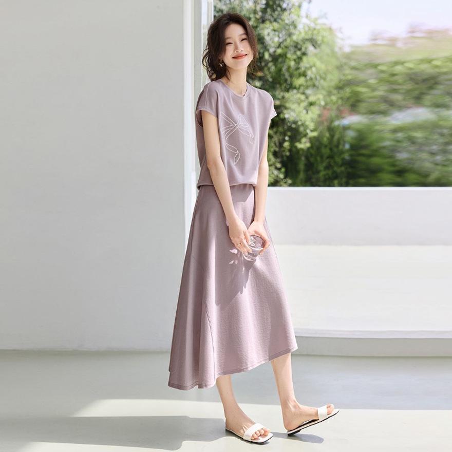 Fashion Casual Suit Skirt Summer New Light Bow Embroidered T-shirt Irregular Skirt Suit Women