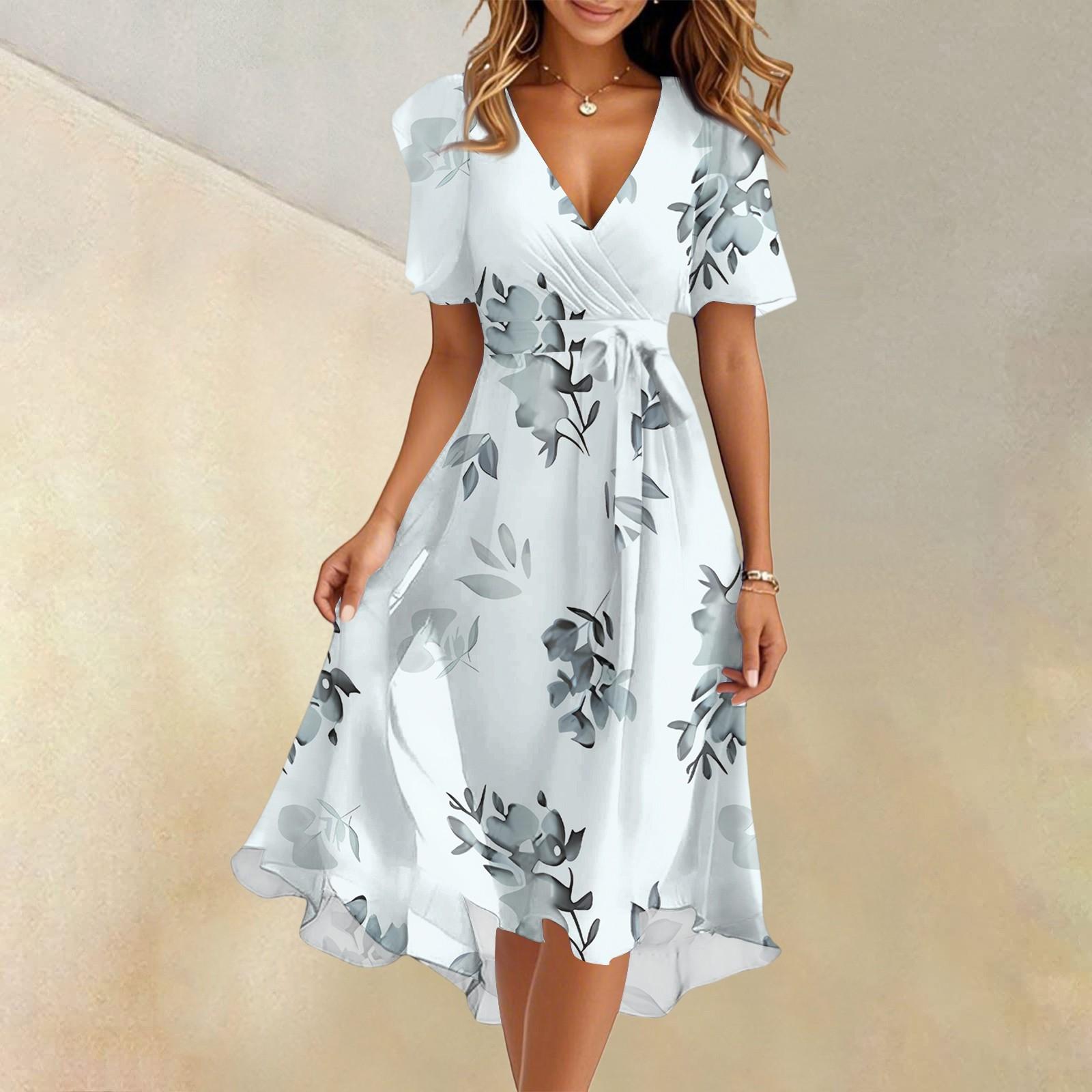 

Женское летнее модное расклешенное платье с V-образным вырезом и короткими рукавами с цветочным принтом L