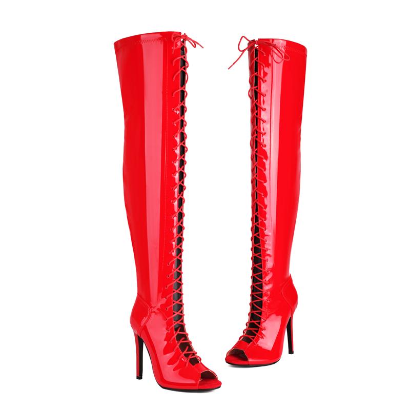 Fashion Women's Over the Knee Thigh High Boot Sexy Peep Toe Lace-up Patent White Night-club Dance Fetish Party Shoes Lady Big Size 44