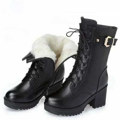 Zimowe skórzane damskie buty zimowe Gruba wełna Ciepłe damskie buty na wysokim obcasie Oryginalne buty Wysokiej jakości damskie śniegowce Buty damskie