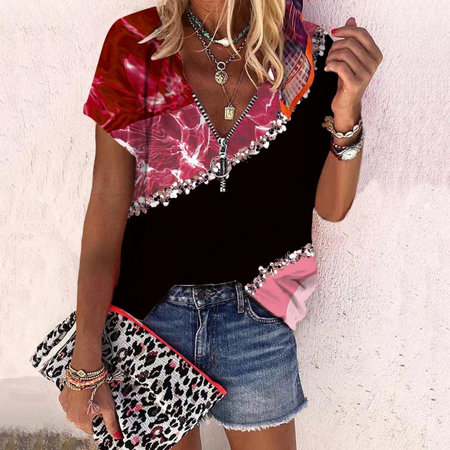 

Женский топ, летняя новая мода, повседневный топ с мраморным принтом и застежкой-молнией с v-образным вырезом и короткими рукавами 8XL красный