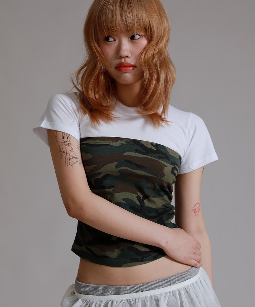LIKE THE MOST Shirred Half Camo Point Short Sleeve T-Shirt_White