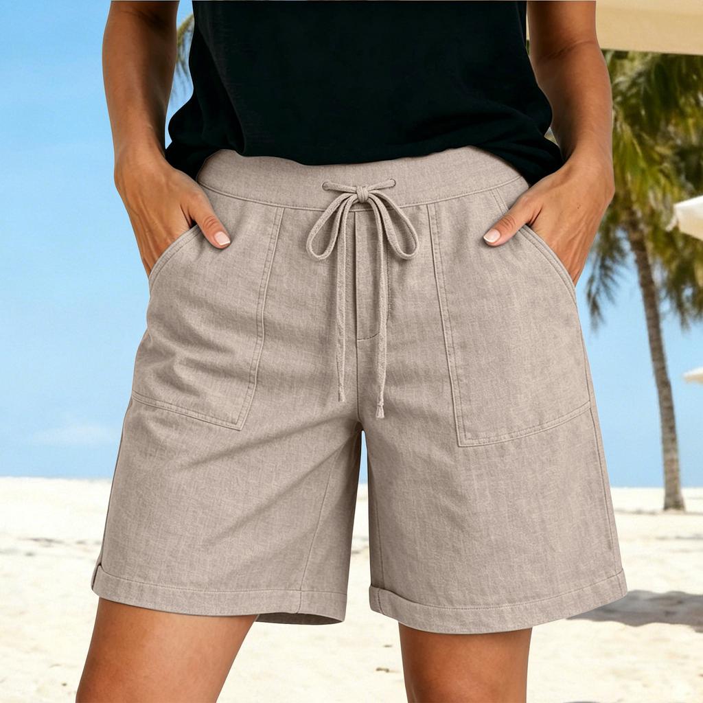 Dámské měkké bavlněné plátěné šortky Kapsy Zapínání na měkký knoflík Bez zipu Slim Fit šortky