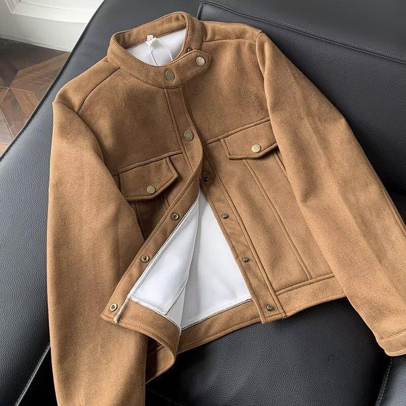 

Korean Style Suede Jacket: Men s Autumn/Winter Stand-up Collar, Versatile Fashionable Design, Short Length, Unisex. L коричневий