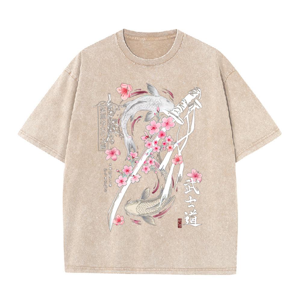 2026 Vintage Washed Black Japanese Koi Fish Samurai Sword Cherry Blossom Graphic T Shirt Bushido Kanji Retro Streetwear Oversize