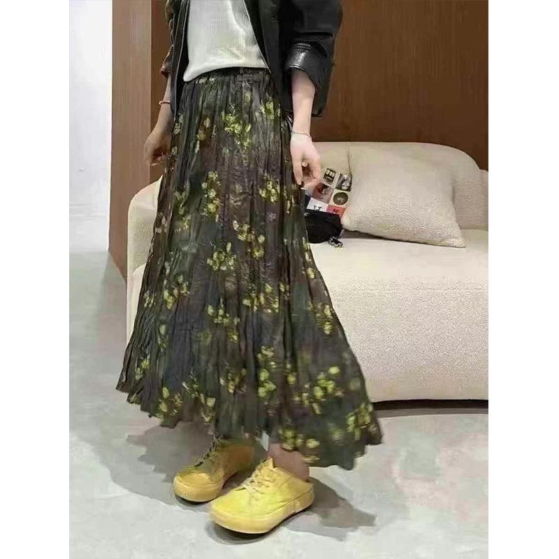 

Корейская плиссированная миди-юбка с цветочным принтом, летняя мода высокого класса 2025, приталенная А-силуэтная юбка с высокой талией для женщин Medium