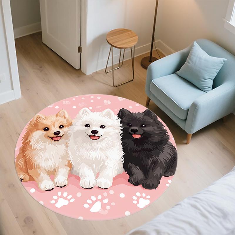 Happy Samoyed pattern round rug,Carpet Rug for Living Room Bedroom Playroom ,Non-slip Floor Mat,Holiday Gifts and Birthday Gifts.