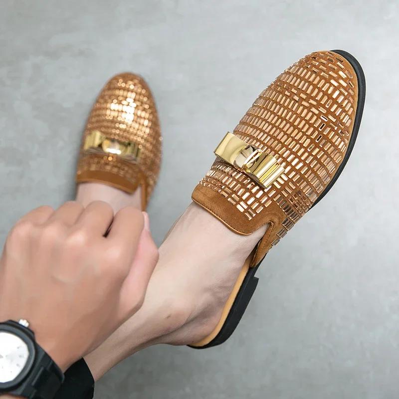 Men Half Slipper Shoes for Men Rhinestone Luxury Loafers Man Male Fashion Casual Shoes Mules