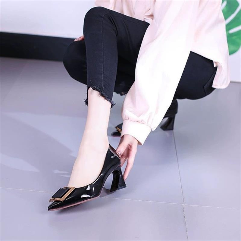 2025 New Thick Heel Pointed Head Light Mouth Patent Leather Single Shoes Commuter Red High Heels Wedding Shoes Work Shoes Square Buckle Women's Shoes