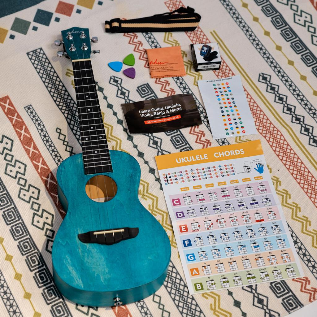 ADM Concert Ukulele Set Includes Gig Fretboard and Storage Bag Kit, Beginner's - Bag, Tuner, Strap, Stickers, Picks, (Matte Blue, 23-inch)
