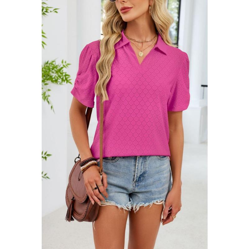 European and American cross-border foreign trade women's summer new V-neck T-shirt puff sleeve loose POLO shirt top