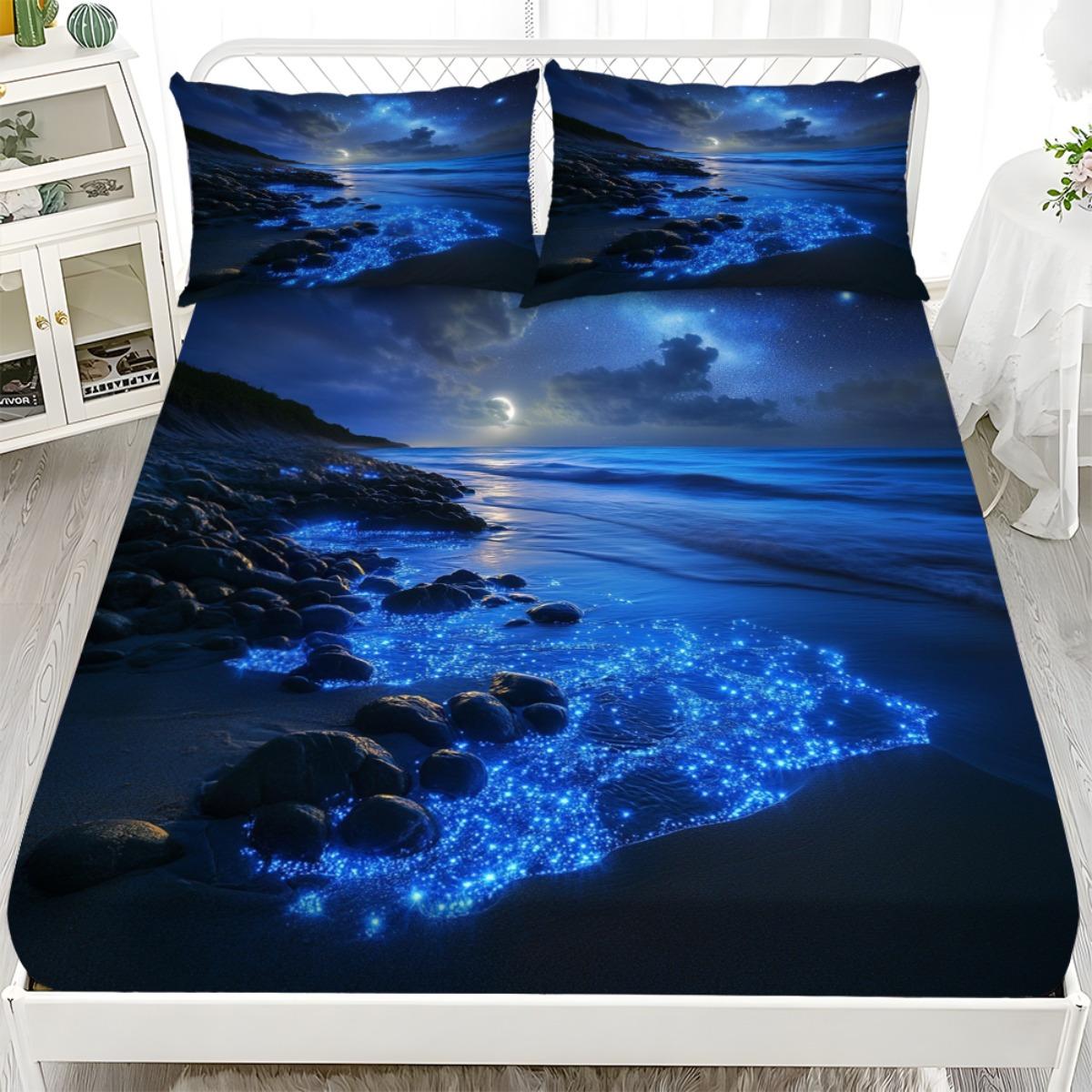 

Blue Beach Fitted Sheet Bedding Set - 3PCS Mattress Protector (1*Fitted Sheet + 2*Pillowcases, No Insert), Fashionable, Soft 99x190x25cm