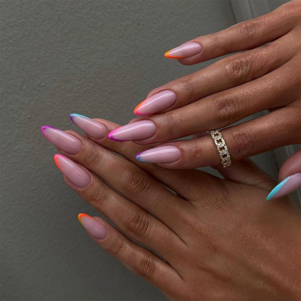 24 Pezzi Unghie Finte a Mandorla Lunga Bordo Bianco French Manicure Completa Semplice Indossabile