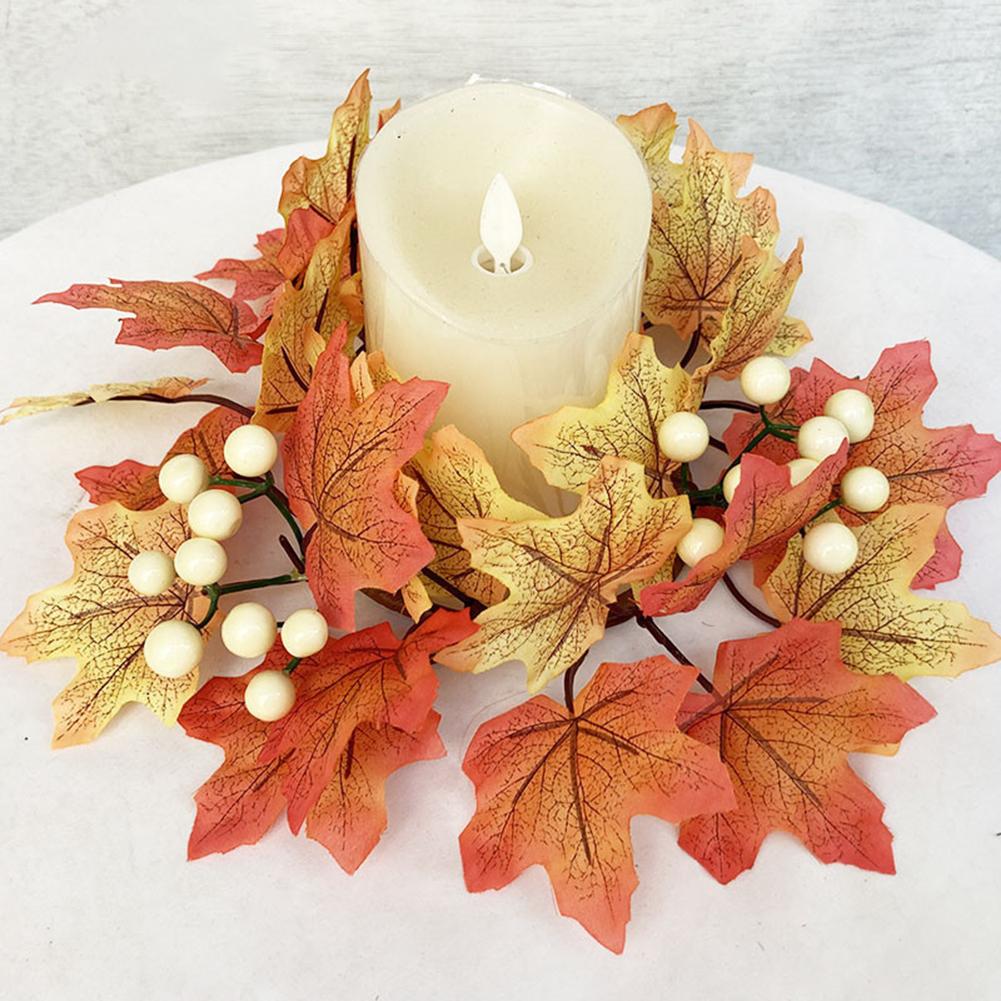 Artificial Maple Leaves Wreath With Berries Sunflowers Candle Rings For Farmhouse Fall Thanksgiving Wedding Centerpiece Table Door Decor