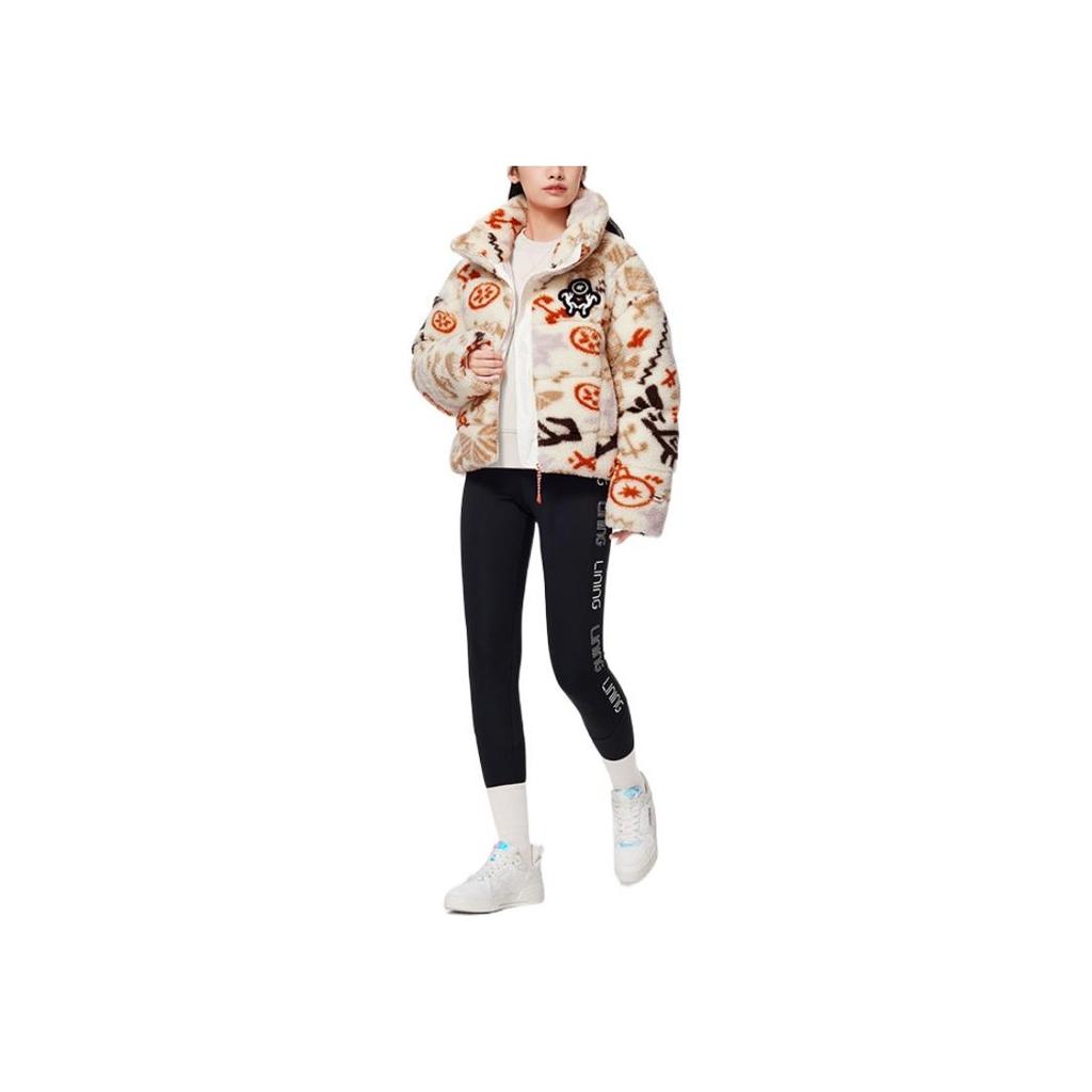 Li Ning Sports Trend Series All Over Pattern Embroidered Stand Collar Long Sleeve Down Jacket Women Outerwear Off-White AYMS090-3